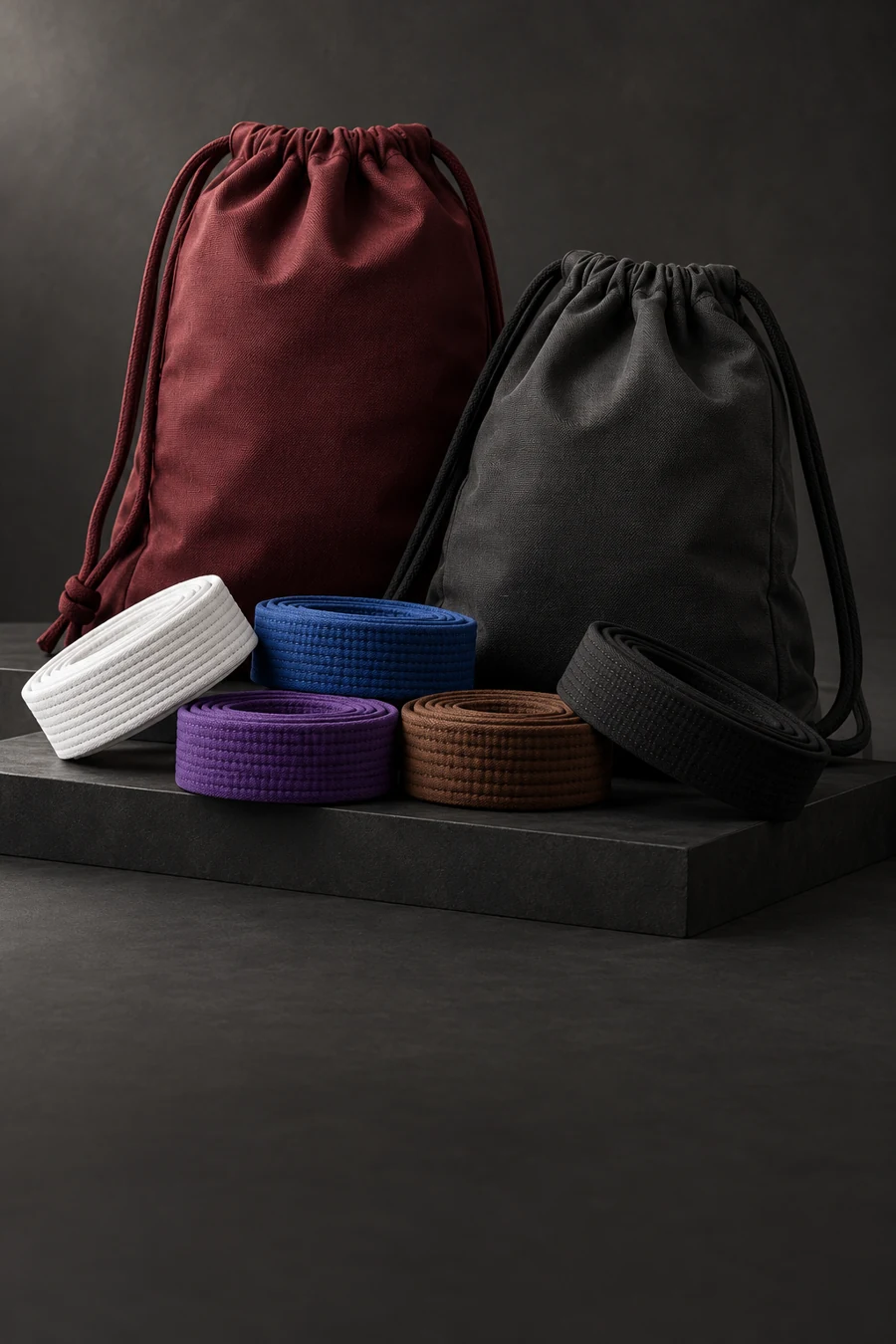 BJJ rank belts arranged with burgundy and charcoal drawstring gi bags