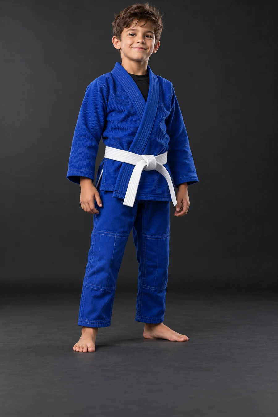 Child wearing a blue BJJ gi and white belt in a charcoal studio