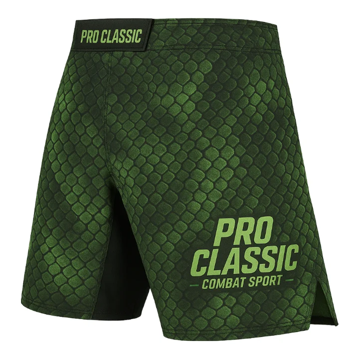 Sublimated MMA shorts with custom all-over print designs – ideal for private label brands, gyms, and fightwear suppliers