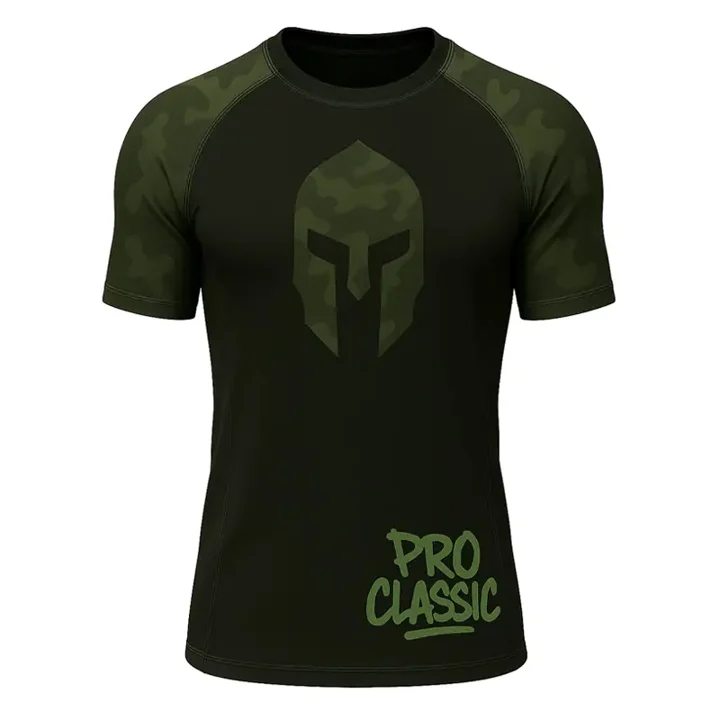 Black men's rash guard with green camo sleeve design by rash guard manufacturer Pakistan