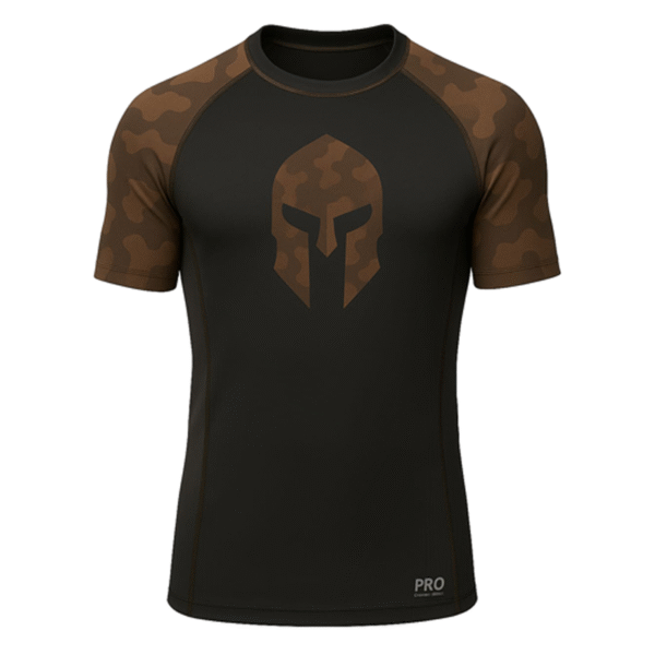 Black men's rash guard with brown camo sleeves by rash guard manufacturer Pakistan