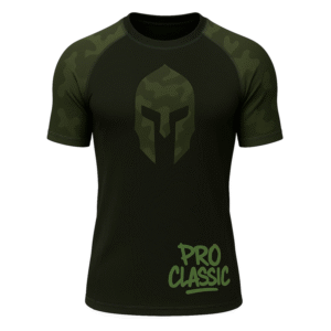 Black men's rash guard with green camo sleeve design by rash guard manufacturer Pakistan