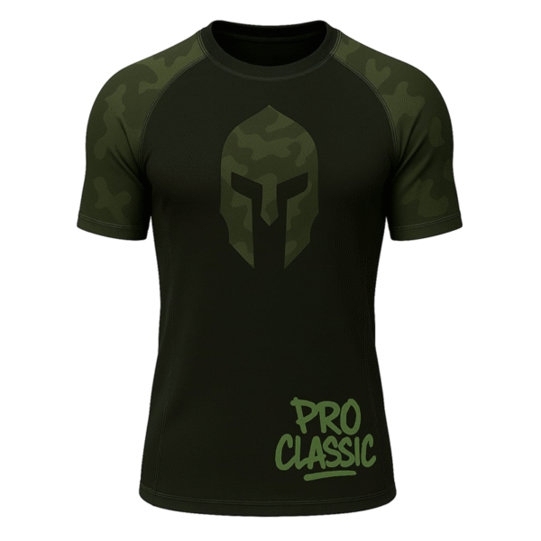 Black men's rash guard with green camo sleeve design by rash guard manufacturer Pakistan