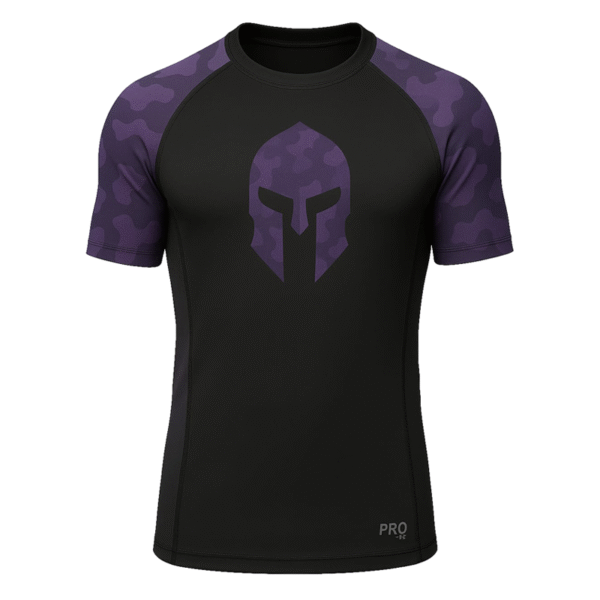 Black rash guard with purple camo sleeves from rash guard manufacturer Pakistan